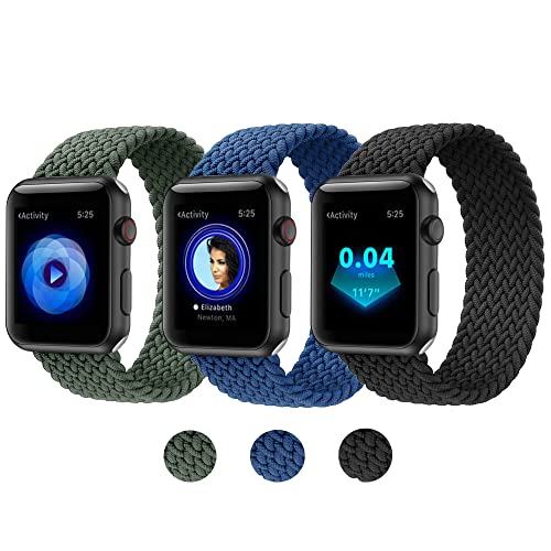 3 Pack Compatible with Watch Band 45mm 44mm 42mm 41mm 40mm 38mm, Braided Elastic Women and Men Solo Loop Sport Strap Compatible for Watch Series7 6 5 4 3 2 4 SE Black + Blue + Green (42mm44mm45mm S)