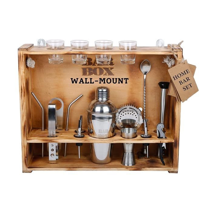 19-Piece Cocktail Shaker Set with Rustic Wood Stand - Bartender Kit & Mini Bar - Includes Wine Bottle Opener and Bar Accessories