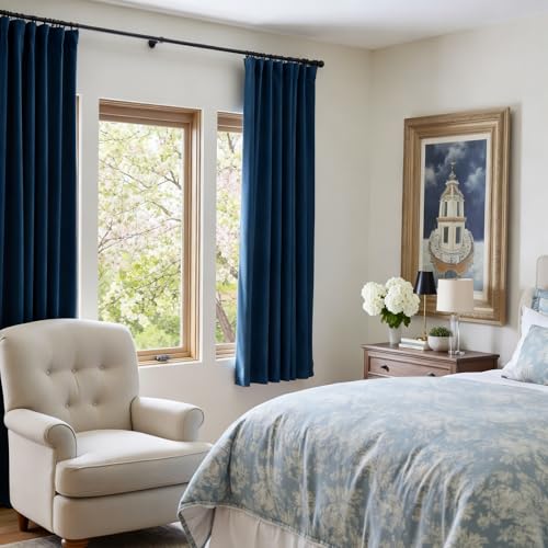 Image of Blackout Dark Blue Velvet Curtains Rod Pocket 52x72 Inch 2 Panels | Soft Velvet, For Small Windows, Kitchens & Bathrooms, Light Shifting Texture, Elegant Drape, Classic, Luxury