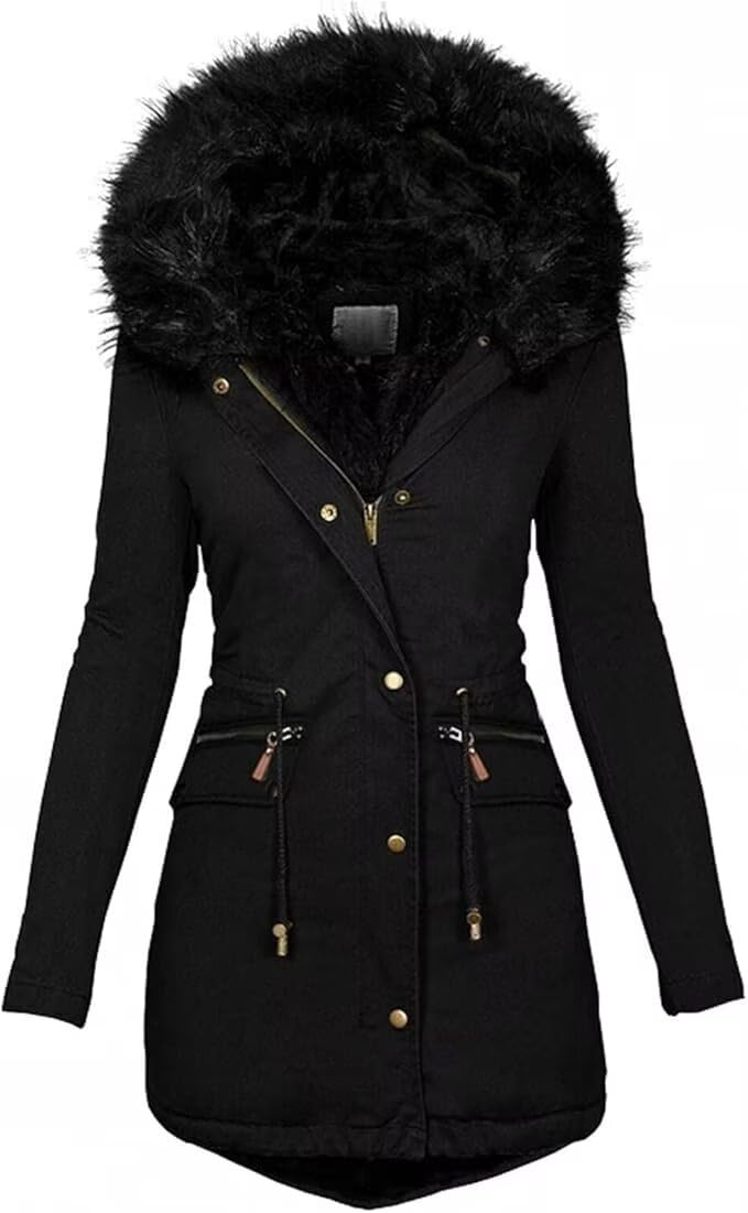 KaloryWee Summer Winter Coats Women Warm Faux Fur Lining Hooded Coat Ladies Plus Size Thicken Jackets Mid-Long Outwear (UK, Alpha, M, Regular, Regular, Black)