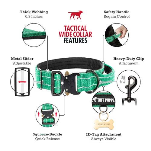 Image of Tuff Pupper Tactical Dog Collar | Heavy Duty 1.5 inch Wide Ballistic Nylon | Training Control Handle | Quick-Release Metal Buckle | Reflective Bands | ID Tag Holder | Padded Inner Lining (Green, Medium)