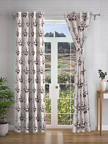 Image of Cortina Floral Light-Filtering Polyester Curtains 7 feet Long Set of 2 for Door [ Opacity: 50-60%, Color: Brown Cream, Printed Curtain -130 GSM ]
