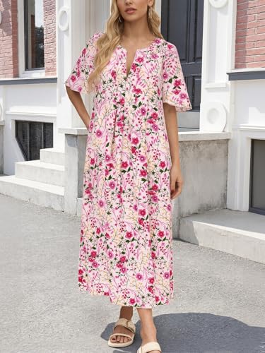 Image of Wenrine Womens Flutter Short Sleeve Maxi Dress Casual V Neck Side Slit Pleated Loose Flowy Summer Dresses
