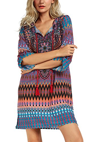Image of Women Bohemian Neck Tie Vintage Printed Ethnic Style Summer Shift Dress