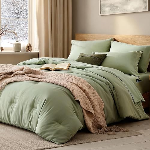 WRENSONGE Queen Comforter Set - 7 Pieces Sage Green Soft Bed in a Bag Queen with Fitted Sheet, Flat...