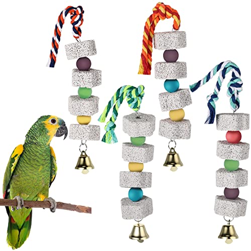 Image of Sanwuta 4 Pack Bird Toy Bird Beak Grinding Stone Parrot Chewing Toys with Bell Bird Cage Accessories Parrot Beak Stone Lava Block Calcium Stone for Parakeet Cockatiel Conure Hamster Chinchilla Rabbit