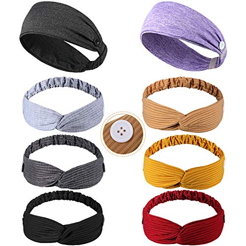 8 Pieces Headbands with Buttons, Elastic Knotted Headband Stretchy Headwrap for Sports Workout