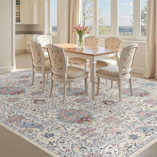 Tortania Area Rug Living Room Rugs - 6x9 Washable Boho Rug Vintage Oriental Distressed Farmhouse Large Thin Indoor Carpet for Living Room Bedroom Under Dining Table Home Office - Pink Blue