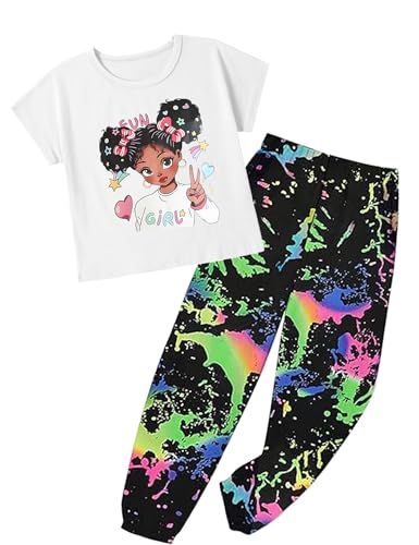 Image of mksodop Girls Outfit Set Graphic T Shirt and Camo Jogger Pants Cute Casual Clothes for Girls 5-16 Years