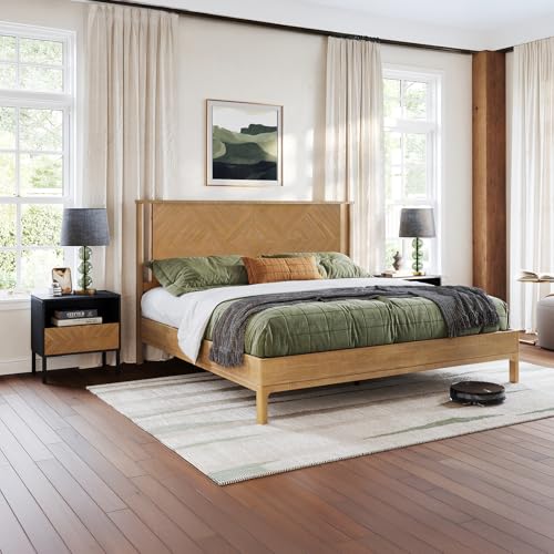 Image of Bme Ethan King Size Bed Frame with Diamond Headboard, Rustic Mid Modern, Solid Acacia Wood, No Box Spring Needed, Slat Support, Rustic Seadrift