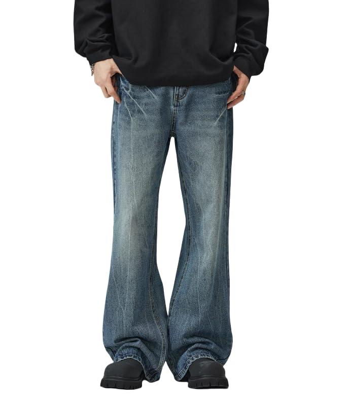Y2k Baggy Flared Jeans Men 90s Vintage Bell Bottom Jeans Loose Fit Grunge Pants Casual Wide Leg Skater Denim Pants