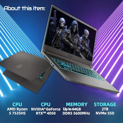 Image of msi 15.6 inch Thin A15 Gaming Laptop, Full HD Display, NVIDIA GeForce RTX 4050, AMD Ryzen 5 7535HS, Wi-Fi 6, Backlit Keyboard, Webcam, Bluetooth, Windows 11 Pro, Black (32GB RAM & 2TB SSD)