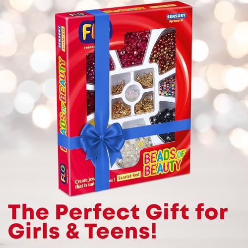 Image of FLO DIY Jewelry Making Kit for Girls - Beads of Beauty Scarlet Red | Bracelet, Necklace & Earring Craft Set with Beads, Charms, Threads & Tools | Gift Kit for Kids, Teens & Beginners