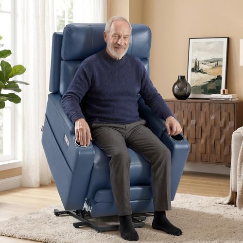 Image of MCombo Lift Chair for Tall Man 6'6'', Dual Motor Power Lift Recliner Chair for Elderly, Lay Flat for Sleeping, Heat and Massage, USB & Type C, Faux Leather 7755 (Blue)