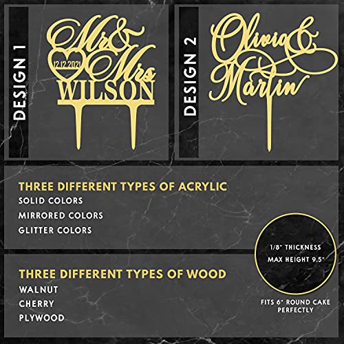 Personalized Wedding Cake Toppers - Mr and Mrs Cake Topper, Customized Last Name & Date w/Heart, Anniversary Cake Topper, Wedding Cake Decorations 2 Styles - 3 Solid Acrylic Colors