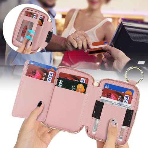 Image of Compatible with MagSafe Wallet,Magnetic Phone Wallet Card Holder for iPhone 17 /16 Pro Max /15 plus /14 Pro /13 /12 Series,PU Leather Zipper Pocket Adjustable Stand-Rose Gold