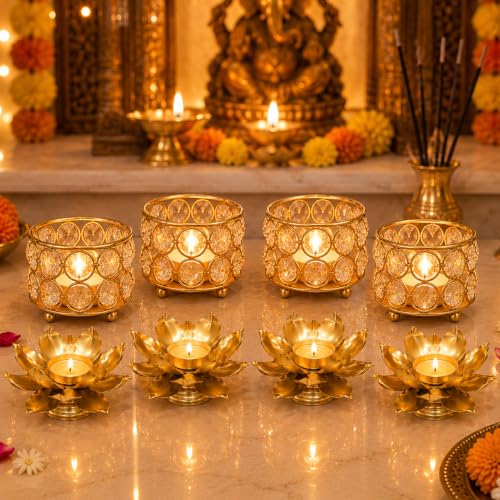 Image of Easyera Beautiful Lotus Tealight Holder Candle Stand Metal Home Decoration Festival Occasions Diwali (Not Include Glass Candle) Golden Pack ((Golden) Mini Lotus 4 /Crystal Holder 4)