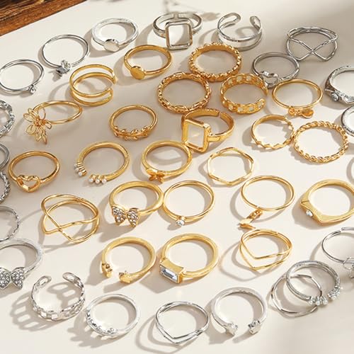 Golden Silvery Knuckle Rings Set for Women, Stackable Rings Bohemian Crystal Hollow Carved Flowers Joint Finger Rings Pack Fashion Jewelry Gifts for Her3