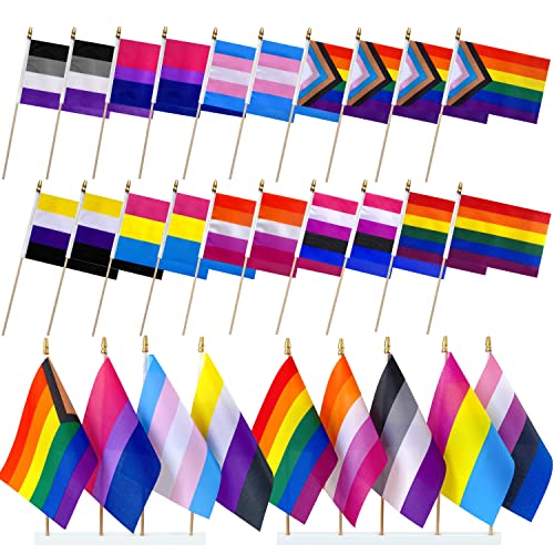 LyButty Progress Rainbow Gay Pride Flags Set on Wood Stick Small Mini Hand Held LGBTQ Inlcusive Flags 5x8 Inch 20 Pack