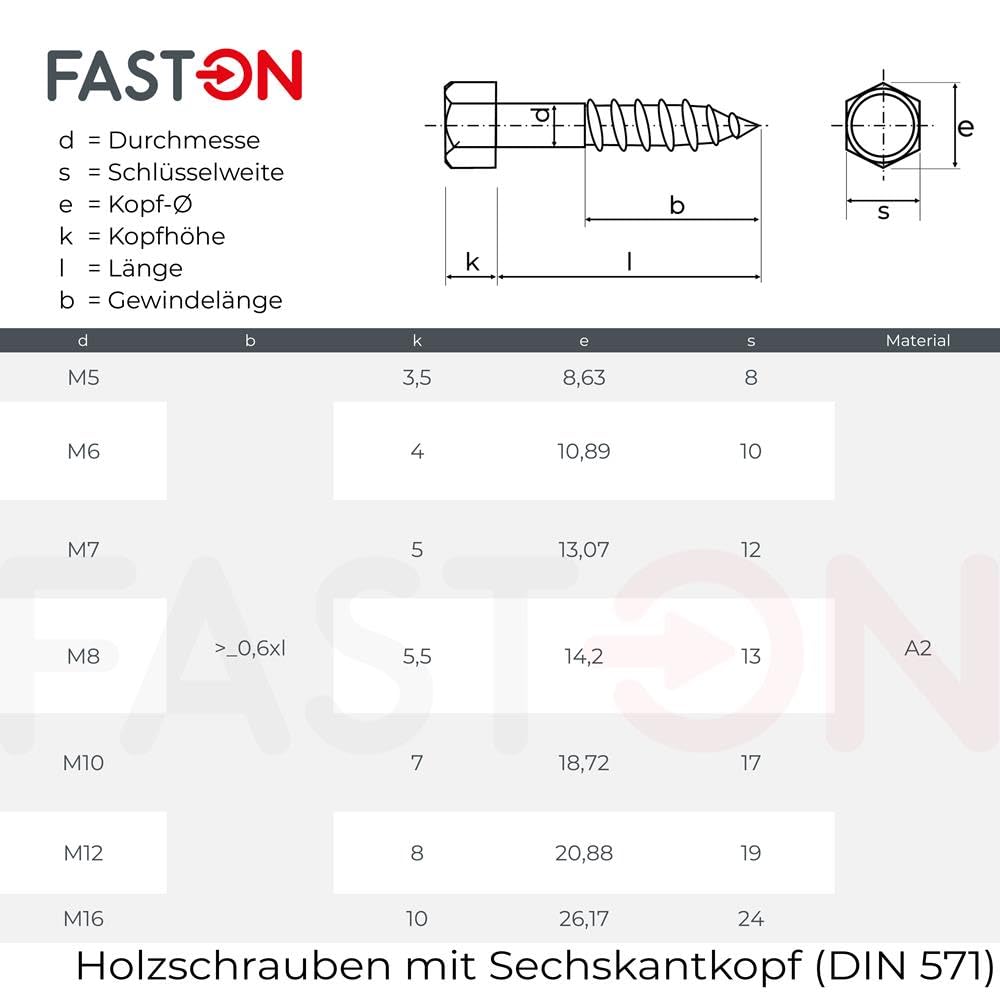 FASTON® Sechskant Holzschrauben M10x140 Edelstahl (100 Stück) DIN 571 Sechskantschrauben