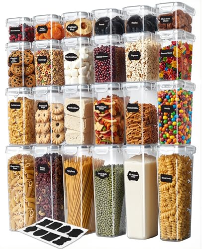KICHLY Airtight Food Storage Containers Set with Lids – 24 Pack BPA-Free Plastic Pantry Organizers for Cereal, Flour, Sugar & Dry Food (Clear)