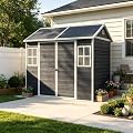 PVWIIK 8x6 ft Resin Outdoor Storage Shed with Floor & Window, Lockable Waterproof All-Weather Utility Shed for Garden Tools & Trash Bins, Black
