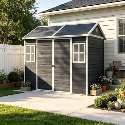 PVWIIK 8x6 ft Resin Outdoor Storage Shed with Floor & Window, Lockable Waterproof All-Weather Utility Shed for Garden Tools & Trash Bins, Black