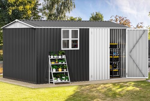 Image of DWVO 12x8ft Metal Outdoor Storage Shed with Window, Lockable Tool Storage Sheds, Oversized Steel Garden Sheds with Sloped Roof for Backyard, Patio, Garage, Lawn, Gray & White