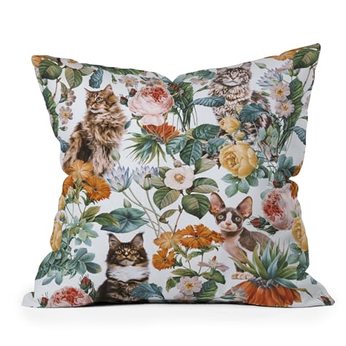 Society6 Throw Pillows with Pillow Insert - Home Decor by Burcu Korkmazyurek - Decorative Accent Pillows for Couch or Bed, 18” x 18”, Cats and Floral III