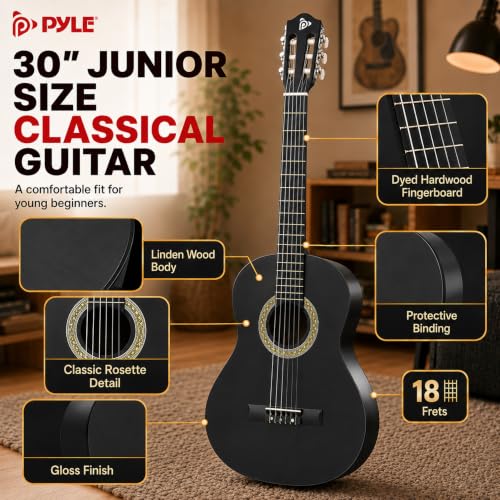 Image of Pyle 30-Inch Beginner Acoustic Guitar Kit, 1 /4 Size Junior Classical Nylon String Guitar for Kids and Adults, Includes Gig Bag, Strap, Spare Strings, Picks, Cleaning Cloth, 18 Frets, Black, Matte