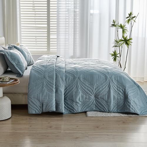 Image of Kingnex Oversized King Bedspreads 128x120 for Tall King or Cal King Bed Ultrasonic Quilted Coverlet Set 3 Piece Include 1 Extra Wide Quilt 2 Pillowcases Blue