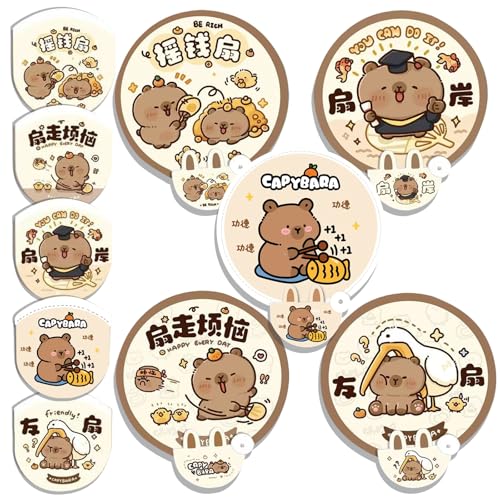 KASESSS 5 Pcs Capibara Abanico Plegable, Animales Abanico Pequeño, Estampado de Capibara Abanico Redondo Plegable, Abanicos Parte Trasera es un Reflector Fotografia, Dibujos Animados Capybara Abanicos