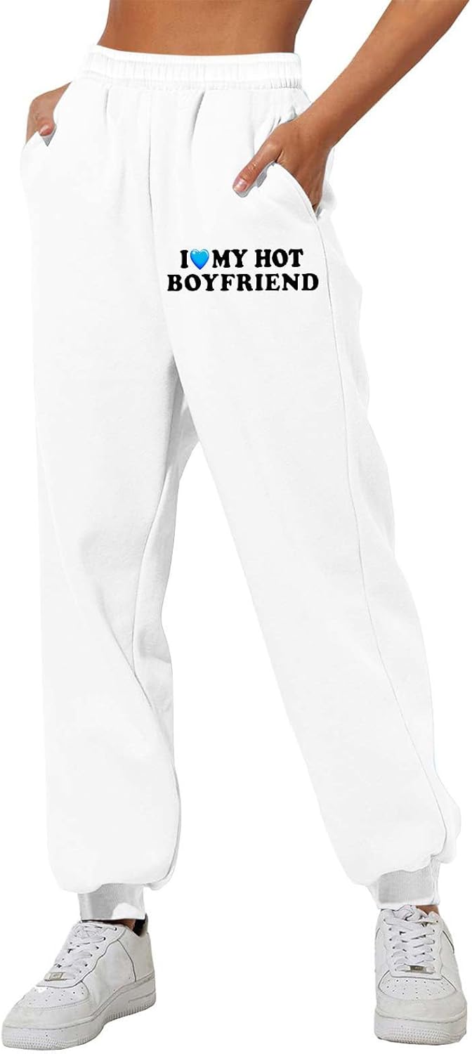 Womens Cinch Bottom Sweatpants Pockets I Love My HOT Boyfriend Letter Graphic Print Yoga Lounge Comfy Workout Jogging Pants