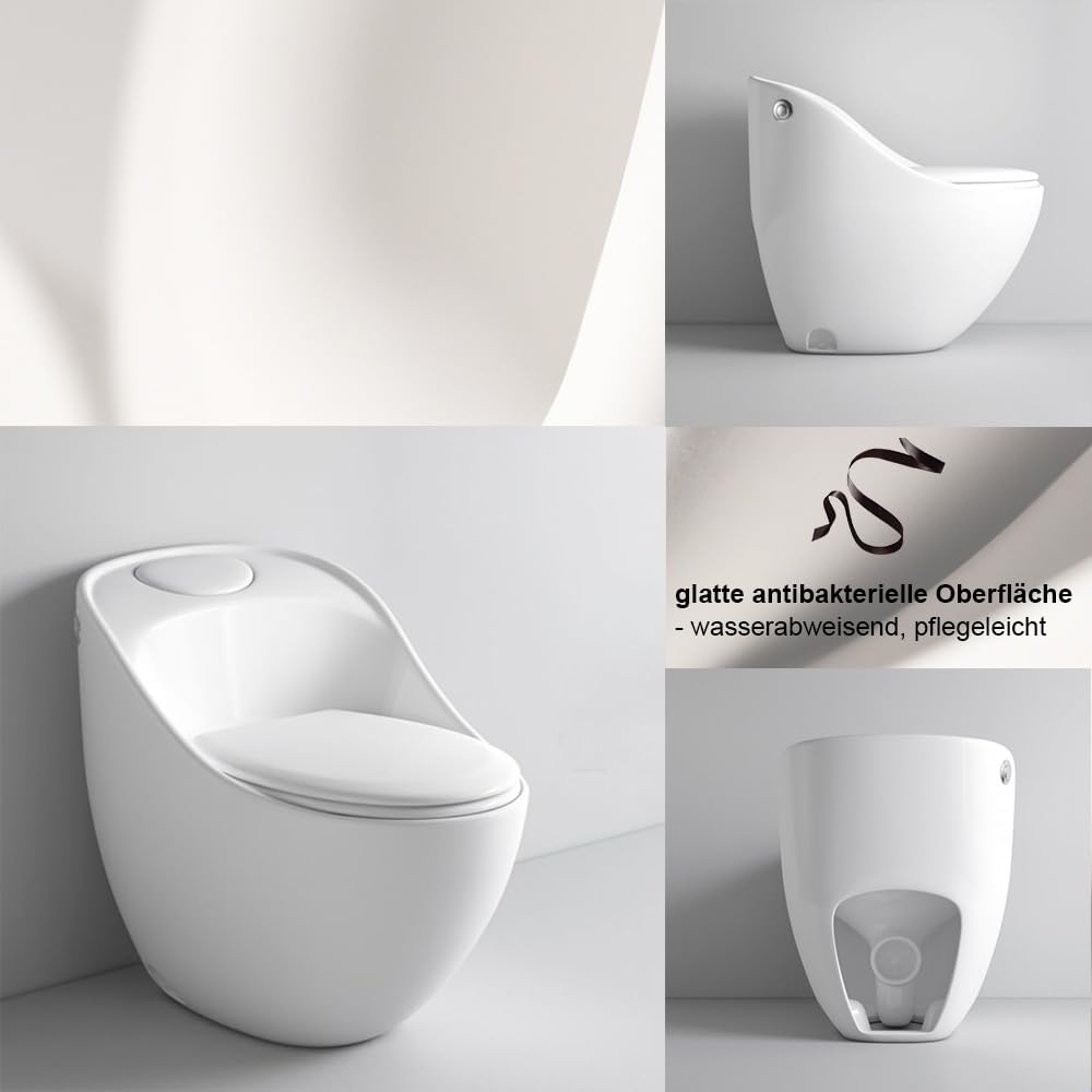 EGO INTERIORS Royalty Line | Einteilige Stand-WC mit eingebautem Spülkasten | Komplett-Set | kompakt und randlos | Sitz mit Soft Close Absenkautomatik | Quick Release Scharnieren | weiße Keramik