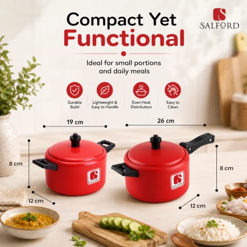 Image of SALFORD Tim & Tam Mini Cooker + Casserole Set (2 Pcs) | Compact & Functional Mini Cookware | 800 ml Mini Cooker & Casserole | Durable Build (Red)