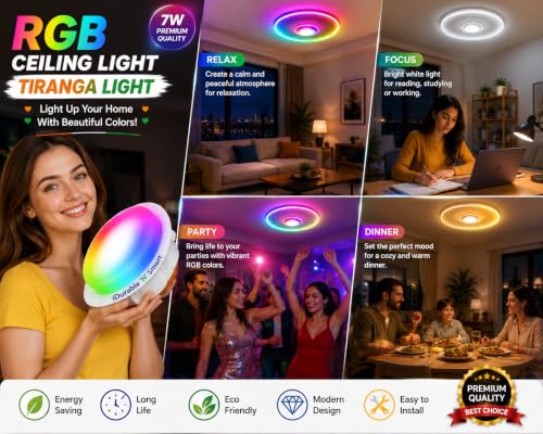 Image of iDurable 'N' Smart 7W Tiranga LED Ceiling Light | 3 in 1 RGB Tri-Color Glow Light | LED Downlight for Home, Bedroom, Living Room & Decoration | 220-240V AC Energy Saving Light Code-14