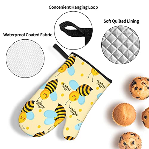 Happy Cute Bee Oven Mitts And Pot Holders Sets Kitchen Heat Resistant Yellow Decor Oven Glove 3 Pcs Kitchen Sets For Cooking,Baking,Grilling,Bbq,Cooks Gifts #TOP4