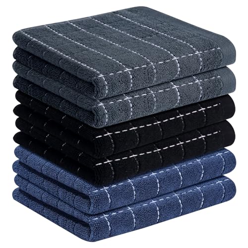 Homaxy 100 Cotton Terry Kitchen TowelsNavyGreyBlack 13 x 28 inches Checkered Designed Soft and Super Absorbent Dish Towels 6 Pack