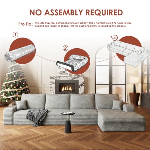 Image of Boneless Couch, Modular Sectional Couches for Living Room, U-Shaped Cloud Couch Sofa with Deep Seat, Fluffy Corduroy Upholstered Corner Sofa