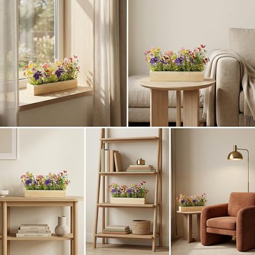 Image of Dekorly Artificial Multi Color Daisy Flower Arrangement with Wooden Planter (24 CM) | Premium Realistic Floral Decor for Table & Living Room | Stylish Indoor Decor for Living Room