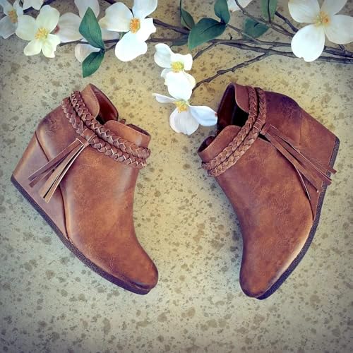 Image of Fashare Womens Wedge Ankle Boots Braided Fringe Strap Western Heeled Fall Booties Dress Shoes