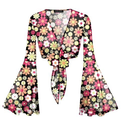 Image of For G and PL Women Tie Front Bell Sleeve Rave Crop Tops Floral Print Hippie Mesh Sheer Shirt