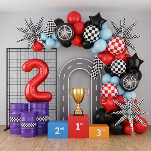 Image of TONIFUL Race Car Party Balloons Set - 40 Inch Red Number 2 Foil Balloon with Checkered Round, Explosion Star & Star Balloons for Boys 2nd Birthday Car Themed Decorations, Photo Backdrop Supplies