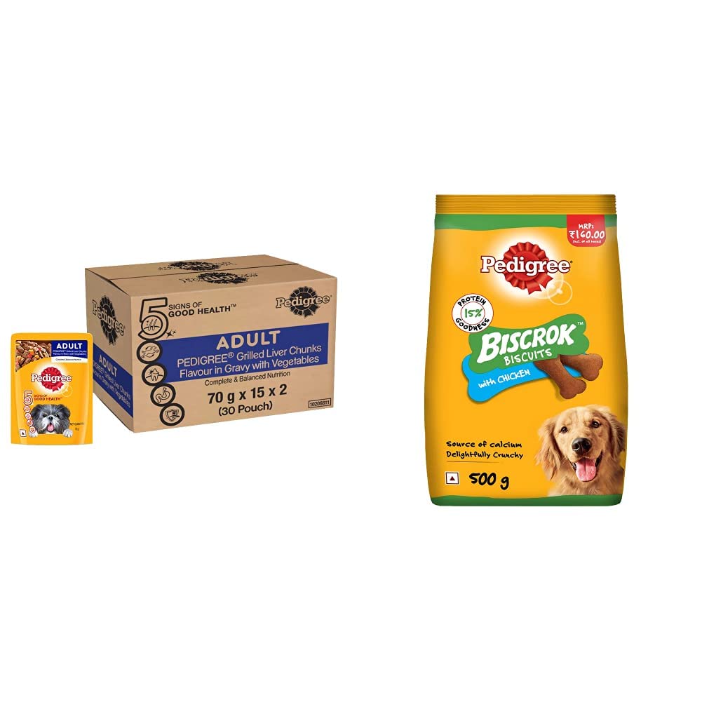 Pedigree Wet Food for Adult Dogs, Grilled Liver Chunks Flavour in Gravy with Vegetables, 30 Pouches (30 X 70 g)&Pedigree Biscrok Biscuit Treats for Dogs (Above 4 Months), Chicken Flavour, 500g Pack (B0BP4W3Y9L) Amazon Price History, Amazon Price Tracker