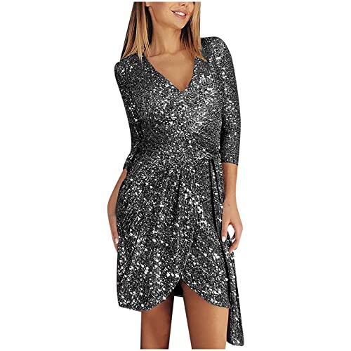 Damen Pailletten Kleider Langarm V-Ausschnitt Partykleid mit Glitzer Abendkleid Sexy Bodycon Party Minikleid Knielang Paillettenkleid Festliches...