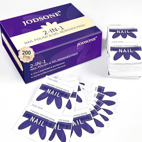 JODSONE Acetone Nail Polish Remover Pads 200Pcs 2-in-1 Gel & Regular Nail Polish Remover Pads with Alcohol Individually Wrapped Foil Packets Portable Travel Nail Care for Home & Salon