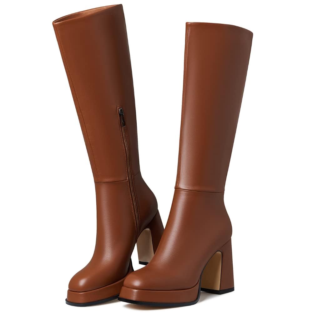 Eqaudesknee High Boots Platform Leather Chunky Heel Fall Boot