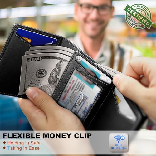 Image of VOGARD RFID Blocking Pop-Up Wallet for Men | Slim Leather Bifold Wallet with Metal Card Holder, Magnetic Flip, ID Window & Cash Pocket | Holds 10 Cards Black