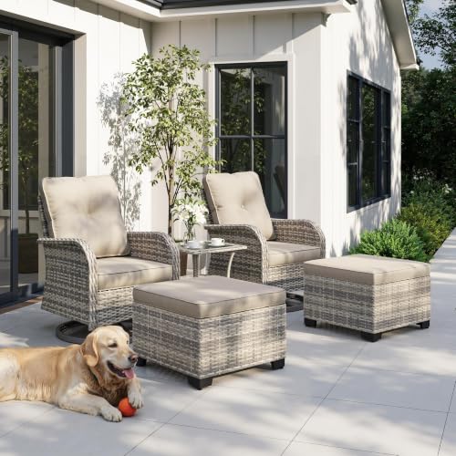 Image of 5-Piece Small Patio Furniture Set, Outdoor Swivel Rocking Chairs Set with Ottomans, Patio Bistro Set for Balcony, Deck, Porch, Khaki