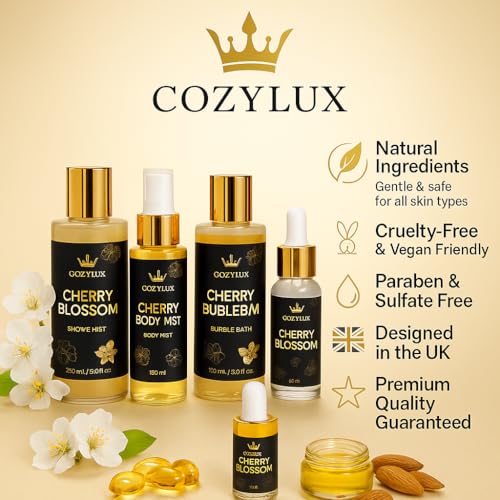 Cozylux Cherry Bossom Spa Gift - Gift Set for Women, 8 Piece Shower Gift - Bubble Bath ,Shower Gel, Soap, Hand&Body Cream & Mist, Bath Mist, Bath Salt & Sponge Perfect for Special Occasions - Image 4